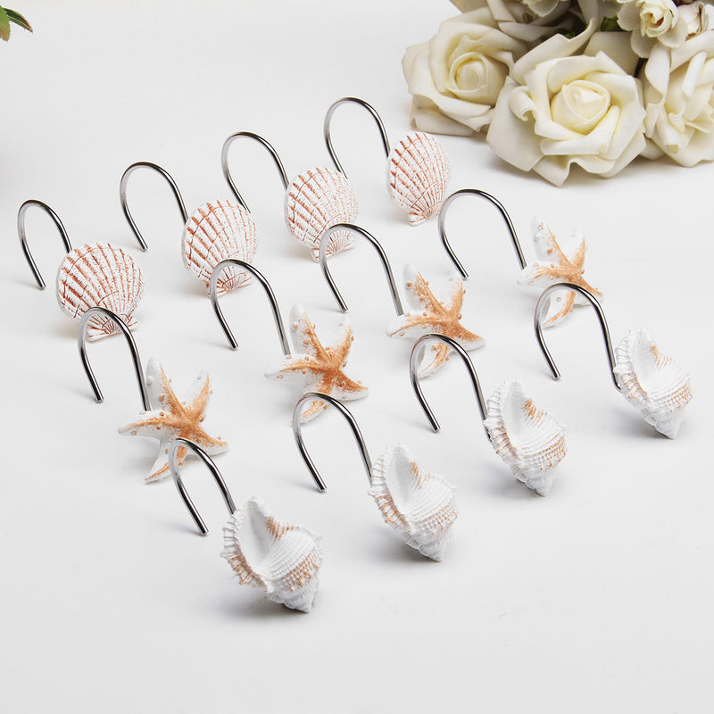 12Pcs/Pack Barthroom Shower Curtain Hooks Set for Shower Rod Beach Themed Starfish Shell Seashells Hook