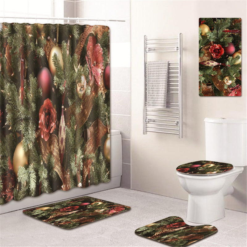 3PCS Bathroom Bath Mat Set Toilet Seat Cover Waterproof Bathroom Shower Curtain Chrismas Print