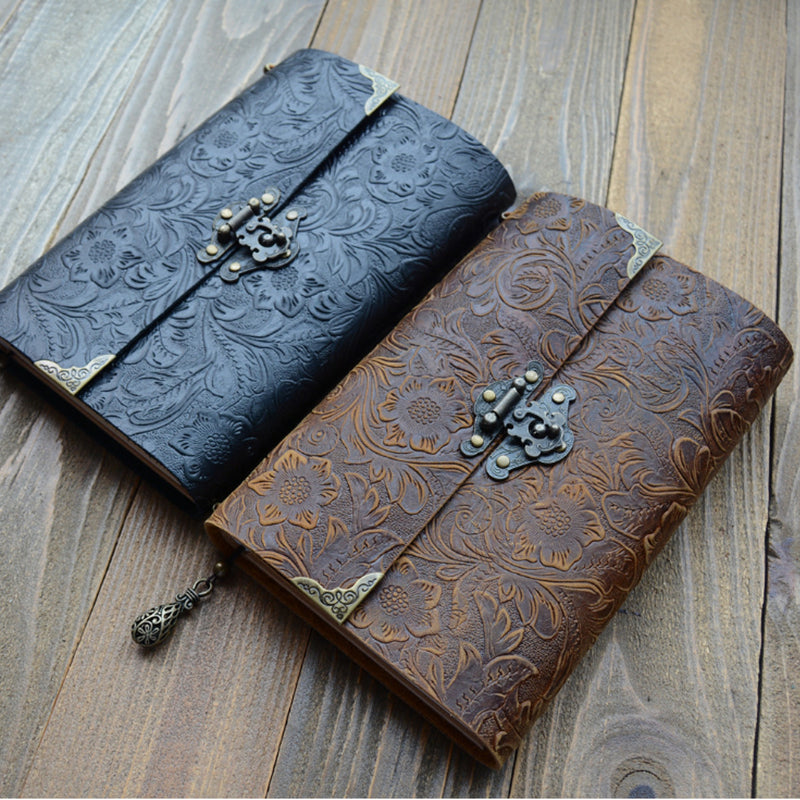 Embossed Pattern Soft Leather Travel Notebook with lock and Key Diary Notepad Kraft Paper for Business Sketching & Writing