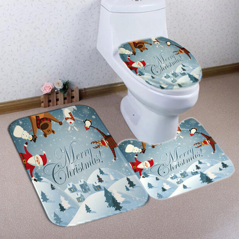 Christmas Snowman Bath Shower Curtain Toilet Seat Cover Mat Cushion Set Non Slip