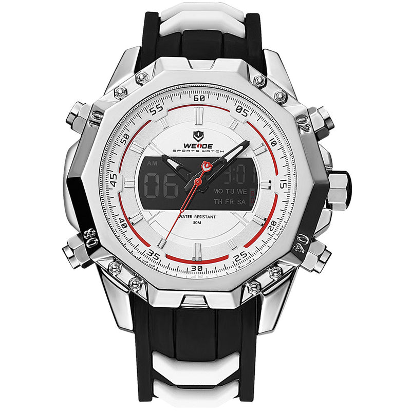 WEIDE 6406 Dual Display Digital Watch Calendar Alarm Luminous Watch Silver Case Men Sport Watch