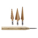 Drillpro 4pcs HSS Titanium Coated Step Drill Bit with Automatic Center Pin Punch 3-12/4-12/4-20mm Step Drill