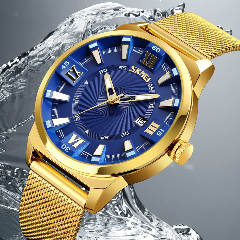 SKMEI 9166 Gold Case Business Style Men Wrist Watch Milan Stainless Steel Quartz Watches