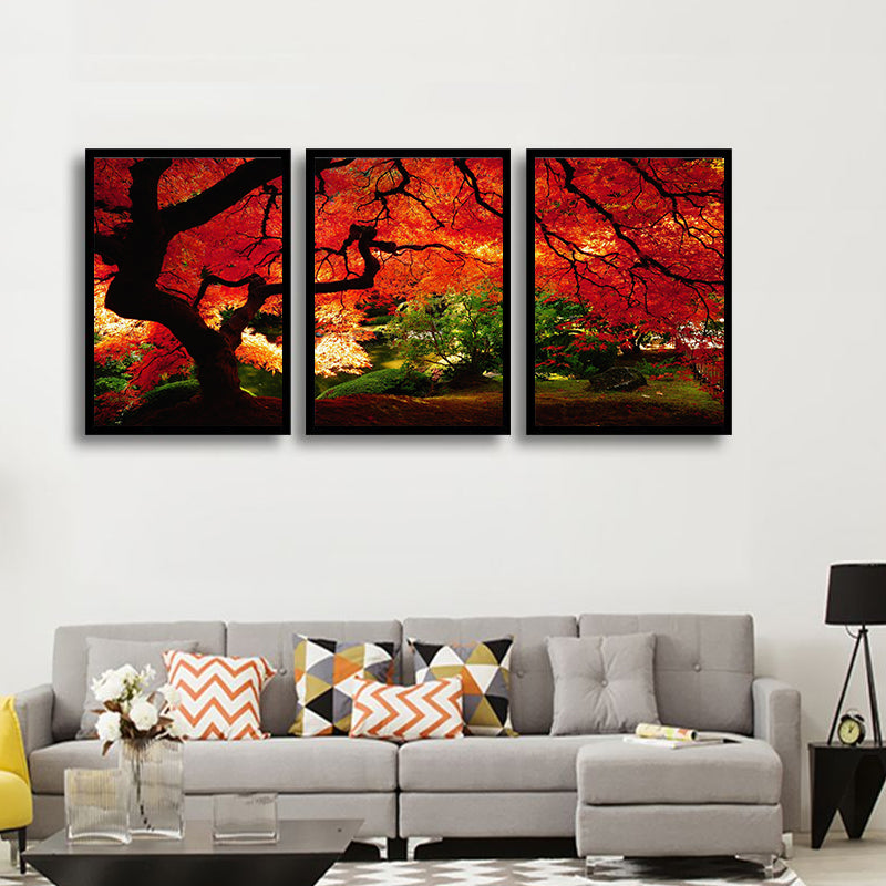 Miico Hand Painted Three Combination Decorative Paintings Maple Tree Wall Art For Home Decoration
