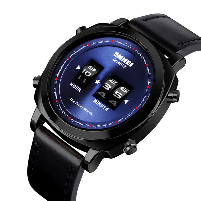 SKMEI 1519 Creative Rolling Time Display Leather Strap 30M Waterproof Men Watch Quartz Watch