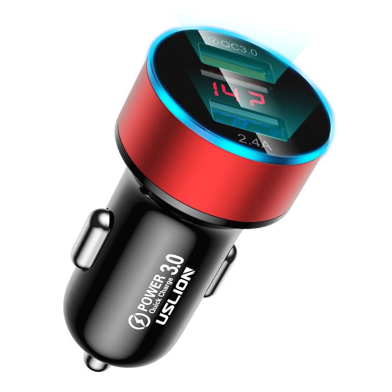 USLION QC 3.0 LED Display Universal Dual USB 24V 3A Quick Fast Charging Metal Car Charger Adapter for iPhone11 for Samsung S10+ Xiaomi Redmi Note8 Tablet