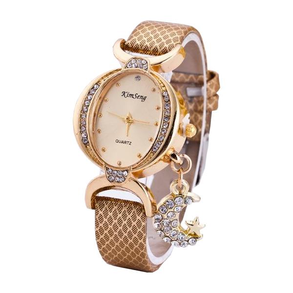 Fashion Moon Pendant Casual Bilateral Drill Oval Women Wristwatch