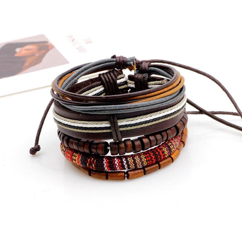 Retro Multilayer Wood Bead Bracelet Pendant Braided Leather Adjustable for Men