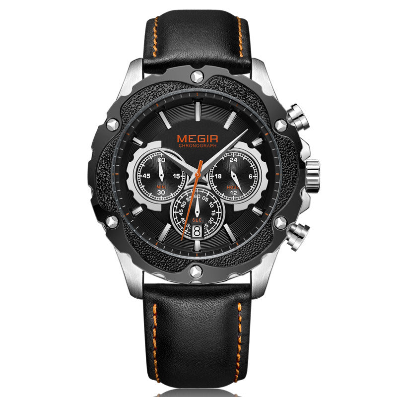 MEGIR 2070 Sport Style Chronograph Luminous Display Leather Men Quartz Watch