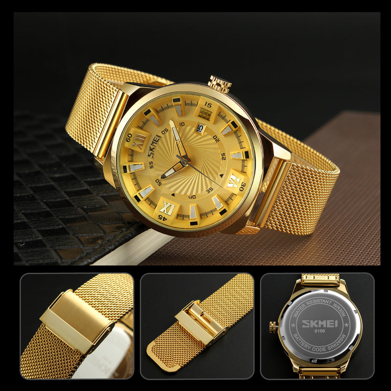 SKMEI 9166 Gold Case Business Style Men Wrist Watch Milan Stainless Steel Quartz Watches