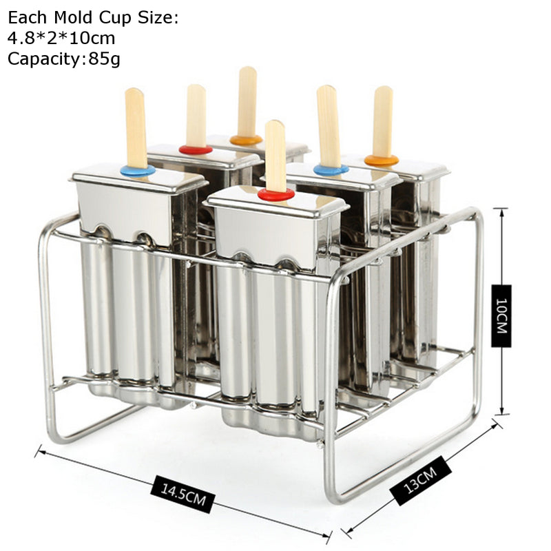 6 Cell Frozen Ice Cream Pop Mold Popsicle Maker Lolly Mould Tray Pan Kitchen DIY