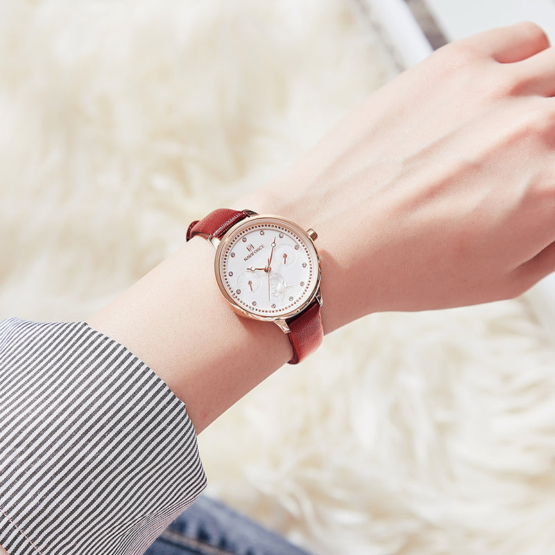 NAVIFORCE 5003 Diamonds Elegant Design Ladies Wrist Watch Genuine Leather Strap Quartz Watch