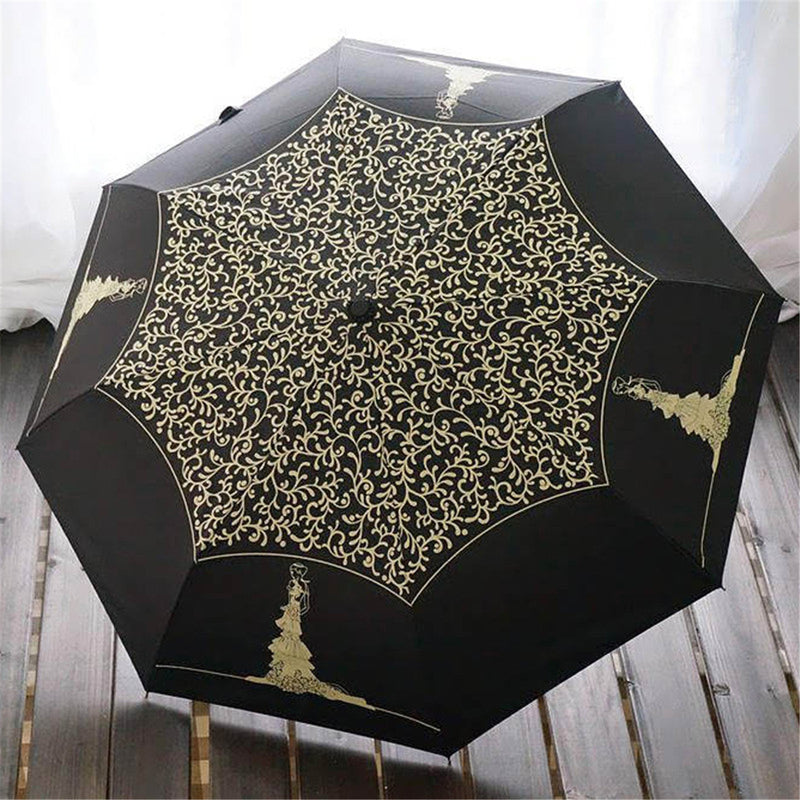 Automatic 3 Folding Anti-UV Sun Umbrella Rain Umbrella Outdoor Camping Hiking Traveling Woman Umbrellas-Black