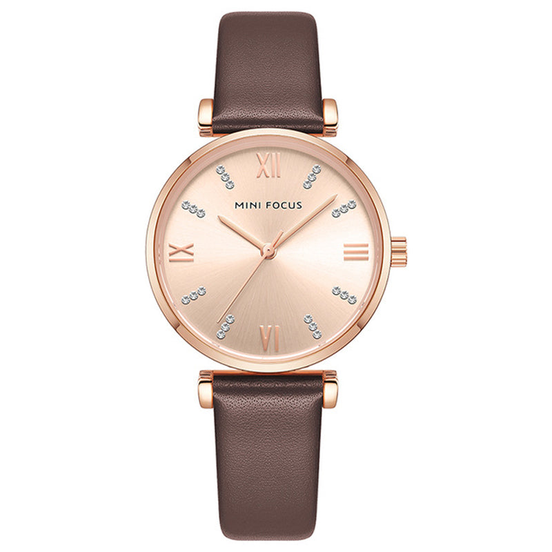 MINI FOCUS 0335L Fashion Zircon Decoration Women Watch Waterproof Genuine Leather Strap Quartz Watch