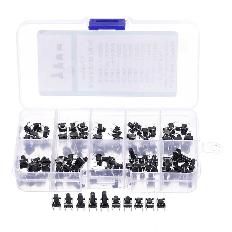 100pcs 10 Models 6x6 Tact Switch Tactile Push Button Switch Kit Height 4.3MM-13MM DIP 4P Micro Switch 6x6 Key Switch