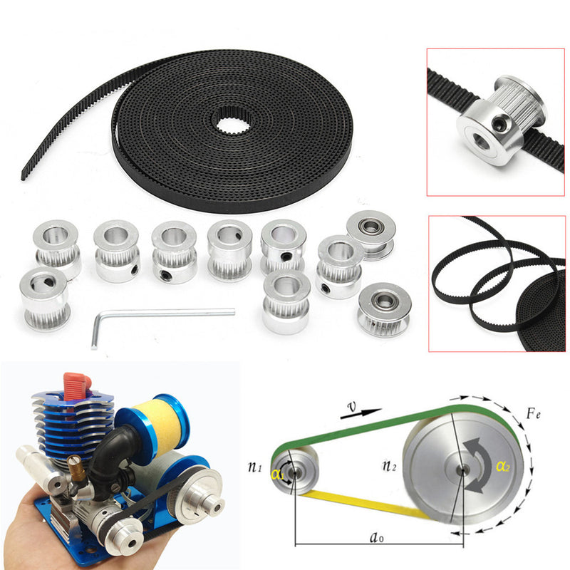 8pcs GT2 20T Bore 8mm Timing Pulley with 5m Belt and Tensioner