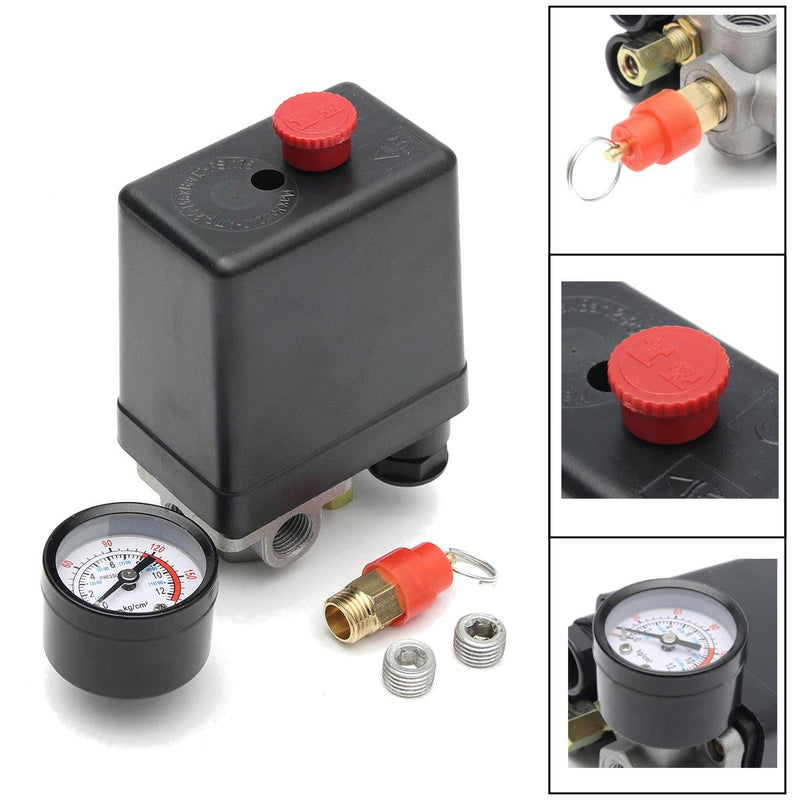 220V 1/4inch BSP 4 Port Single Phase Air Compressor Pressure Switch with Safety Valve Gauge