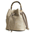 Women Drawstring Beach Bag Bucket Barrel Pouch Crossbody Messenger Straw Knitted Bamboo Handle Handbag Tote Outdoor Travel