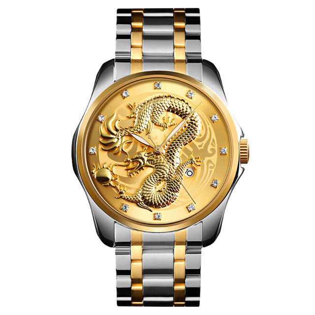 SKMEI 9193 Luxury Chinese Dragon Pattern Golden Waterproof Men Watch Quartz Watch