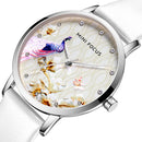 MINI FOCUS MF0330L Fashion Women Peacock Flower Pattern Genuine Leather Quartz Watch