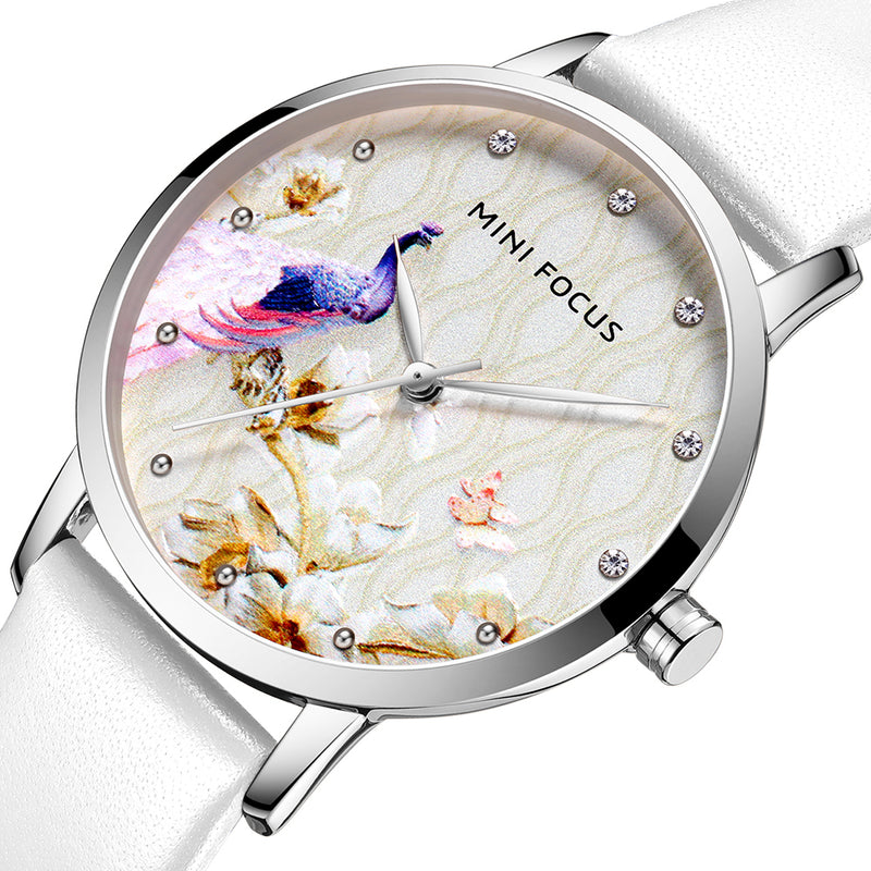 MINI FOCUS MF0330L Fashion Women Peacock Flower Pattern Genuine Leather Quartz Watch