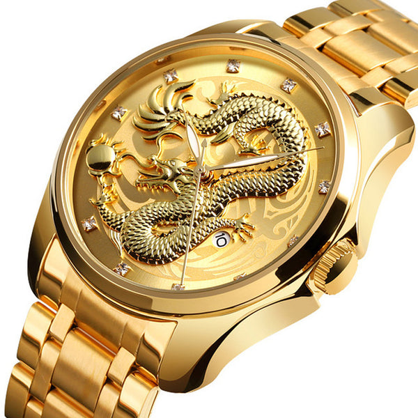 SKMEI 9193 Luxury Chinese Dragon Pattern Golden Waterproof Men Watch Quartz Watch