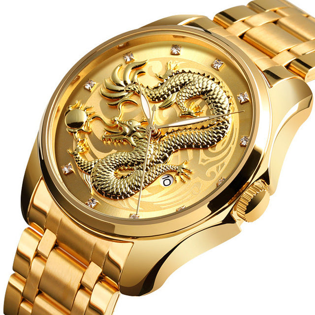SKMEI 9193 Luxury Chinese Dragon Pattern Golden Waterproof Men Watch Quartz Watch