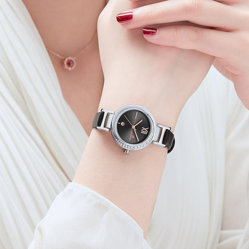 NAVIFORCE 5007 Crystal Casual Style Date Display Women Watch Leather Strap Quartz Watch