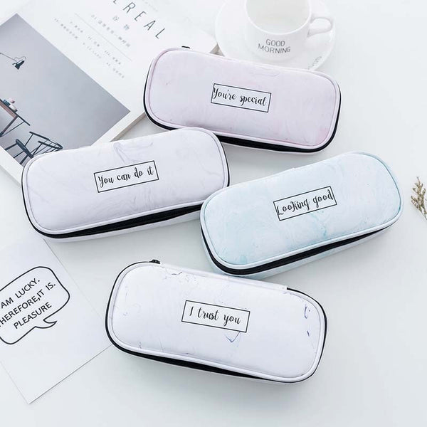 QSND 1 Piece Cute Marble Pattern Pencil Bag Box PU Leather Pencil Case Waterproof Stationery Pouch Office School Supplies