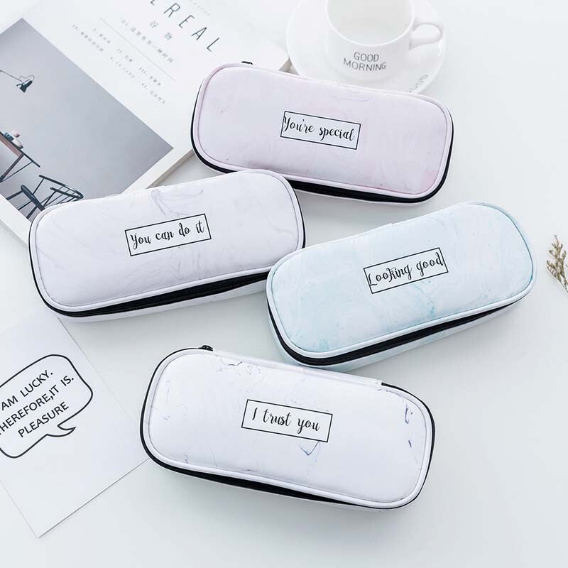 QSND 1 Piece Cute Marble Pattern Pencil Bag Box PU Leather Pencil Case Waterproof Stationery Pouch Office School Supplies
