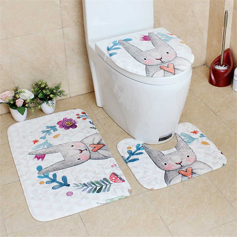 3Pcs Bathroom Cartoon Flannel Toilet Pad Digital Printed PVC Latex Bottom Anti-slip Floor Mat Set