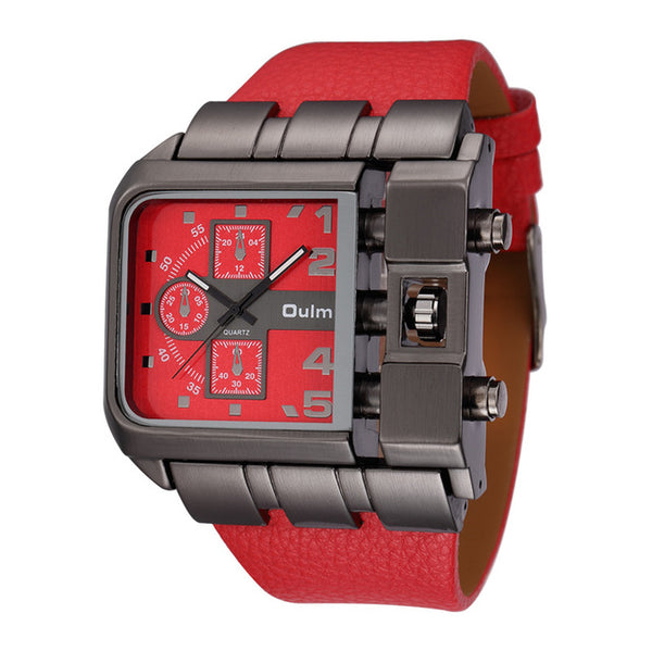 OULM 3364 Fashionable Creative Watch Square Dial Unique Design Leather Strap Quartz Watch
