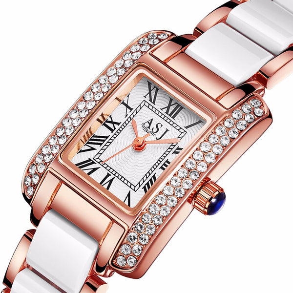 Elegant Ceramic Strap Crystal Case Roman Numerals Dial Women Ladies Dress Quartz Watch
