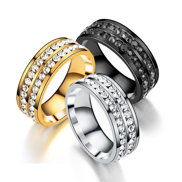 Trendy Stainless Steel Double Rhinestone Finger Ring for Men