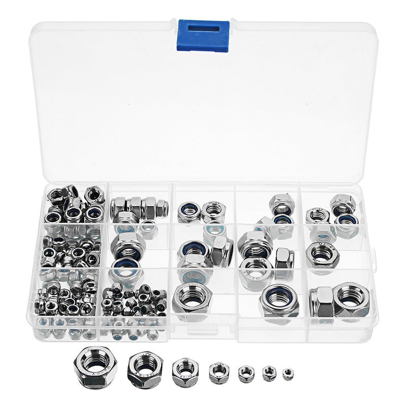 Suleve MXSN4 170Pcs 304 Stainless Steel Lock Nut Assortment M3/4/5/6/8/10/12 Nylon Insert Locknut