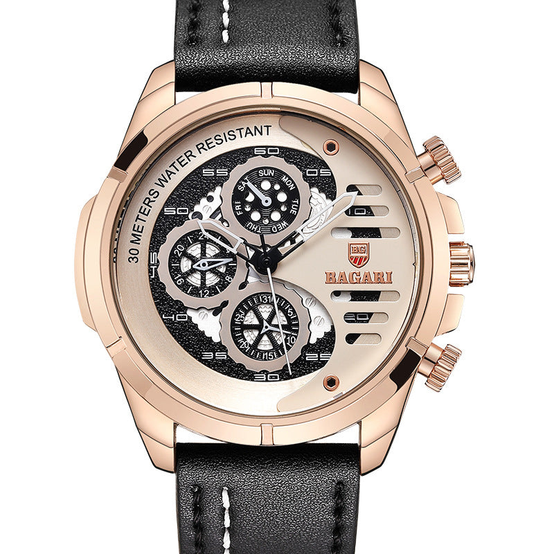 BAGARI 1802P Fashion Men Watch 3ATM Waterproof Week Display Leather Strap Quartz Watch