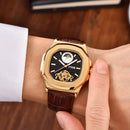 Gold Case Men Watch Moon Phase Business Style Leather Strap Automatic Mechanical Watch