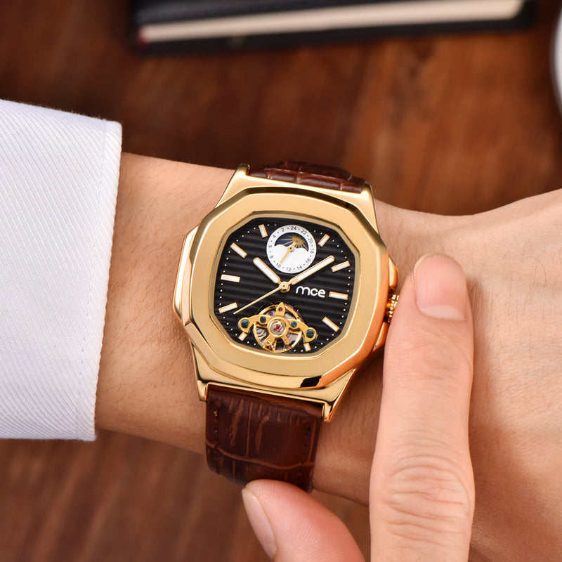 Gold Case Men Watch Moon Phase Business Style Leather Strap Automatic Mechanical Watch
