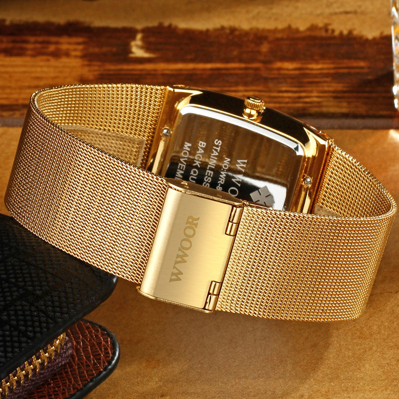WWOOR 8831 Square Dial Luminous Display Men Wrist Watch Mesh Steel Calendar Quartz Watch