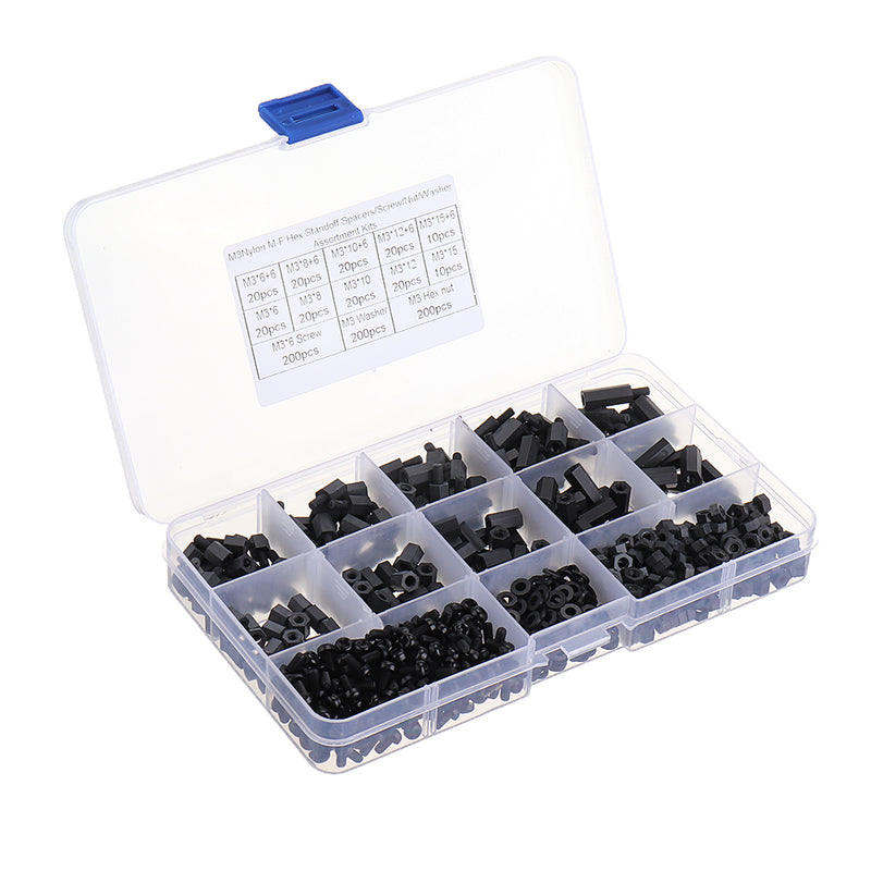 Suleve M3NH17 780Pcs M3 Nylon Screw Black Hex Screw Nut PCB Standoff Spacer Column Assortment Kit