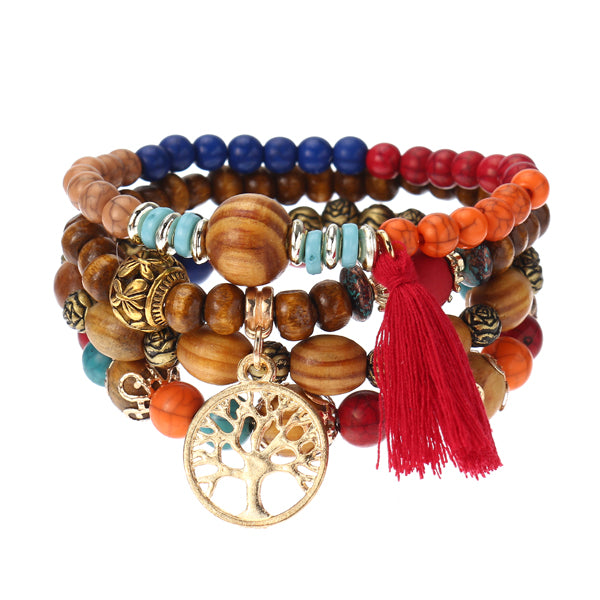 Vintage Hollow Tree of Life Elastic Beaded Bracelets Multilayer Tassels Charm Bracelets for Women