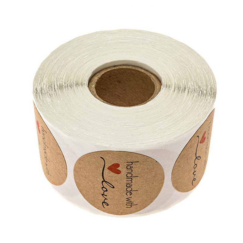 Mrosaa 500pcs/roll 1 Inch Round Kraft Paper Sticky Notes Hand Made With Love With Red Heart Stickers Paper Stationery School Supply