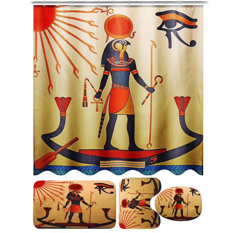 Waterproof Egyptian Style Shower Curtains With 12pcs Hooks Bathroom Toilet Rug Mat Set