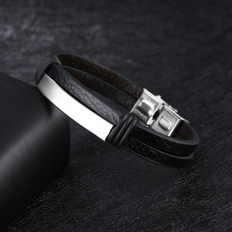 Double Black Stainless Steel Men's Leather Bracelet