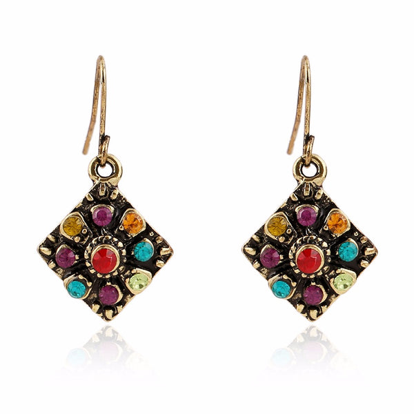 Bohemian Colorful Diamond Ear Drop Square Alloy Rhinestone Earring For Women