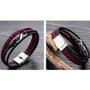 Leather Woven Titanium Steel Red And Black Color Leather Male Bracelet