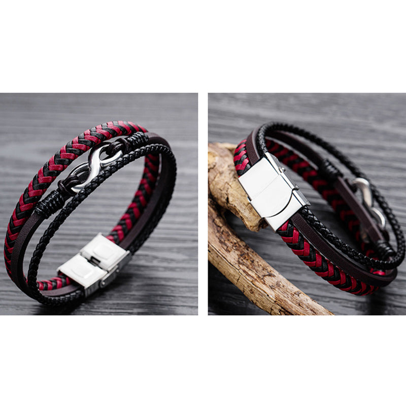 Leather Woven Titanium Steel Red And Black Color Leather Male Bracelet