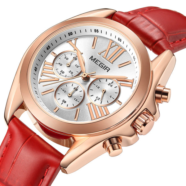 MEGIR 2114 Chronograph Genuine Leather Luxury Retro Women Watch Wristwatch Quartz Watch