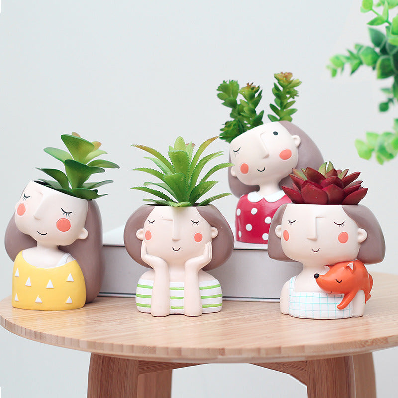 ROOGO Creative Models Artificial Flowers Resin Cartoon Succulents Flower Pot Micro Landscape Combination Home Decoration