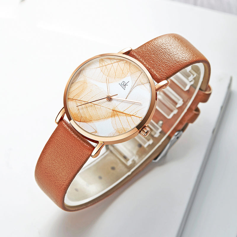 SHENGKE SK K0108 Spring Jade Green Calm Brown Leaf Dial Fashion Leather Strap Women Quartz Watch